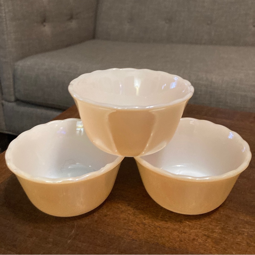Three vintage anchor hocking custard dishes